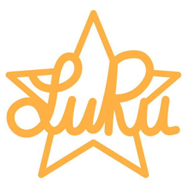 Star-shaped logo with 'LuRu' handwritten in yellow on a white background